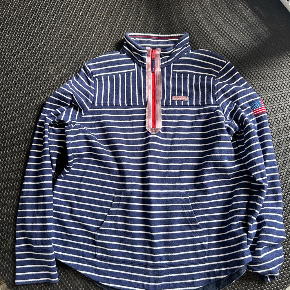 Vineyard Vines Navy and White Striped Pullover with Red Trim